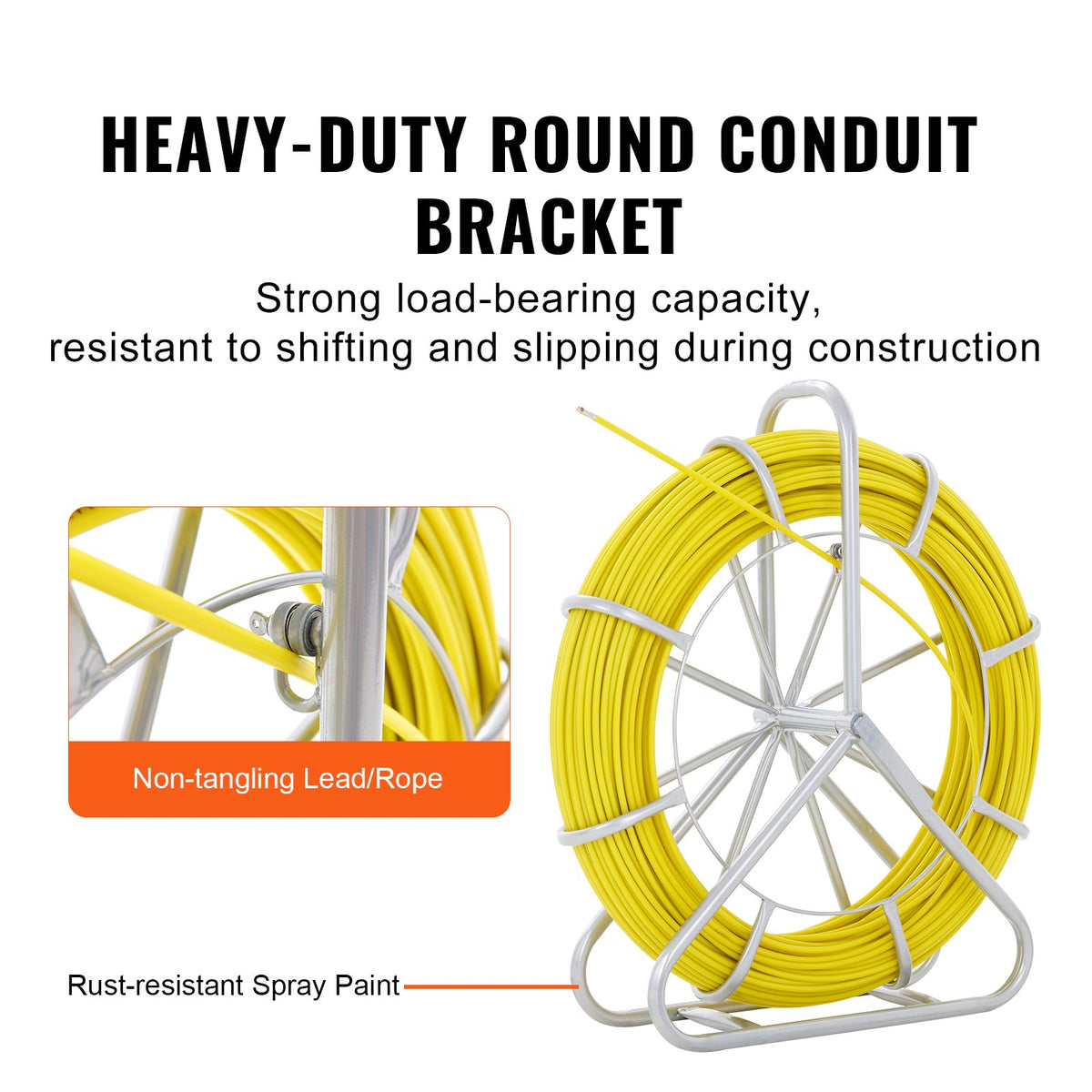 Fiberglass Duct Rodder Fish Tape 656 ft with Steel Reel Stand, 1/4 in