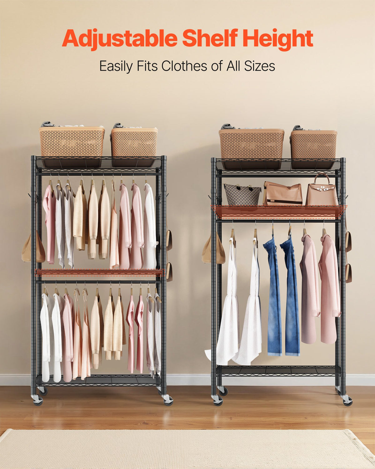Rolling Clothes Rack with 3 Adjustable Shelves and Hooks – image 5