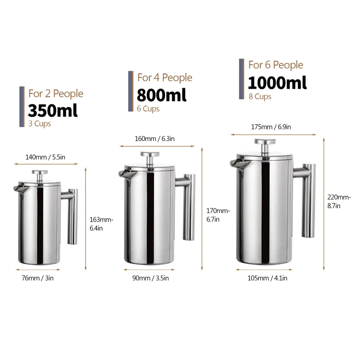 350Ml/800Ml/1000Ml French Press Coffee Maker Stainless Steel Double Walled Insulated Coffee Maker Pot Coffee Maker Coffee Pot