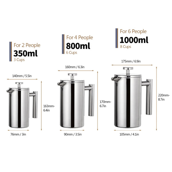 350Ml/800Ml/1000Ml French Press Coffee Maker Stainless Steel Double Walled Insulated Coffee Maker Pot Coffee Maker Coffee Pot