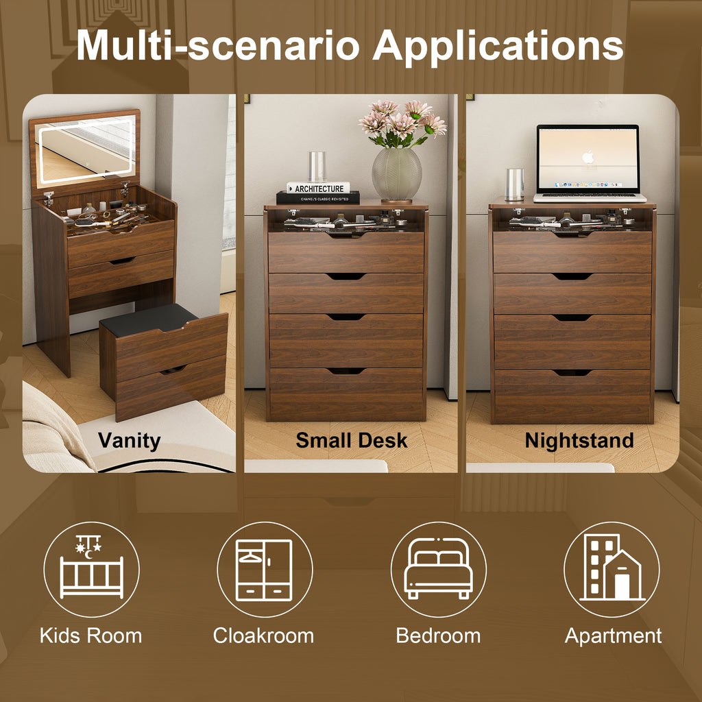 3-in-1 Lighted Mirror Vanity Desk with Storage Stool, Walnut – image 4