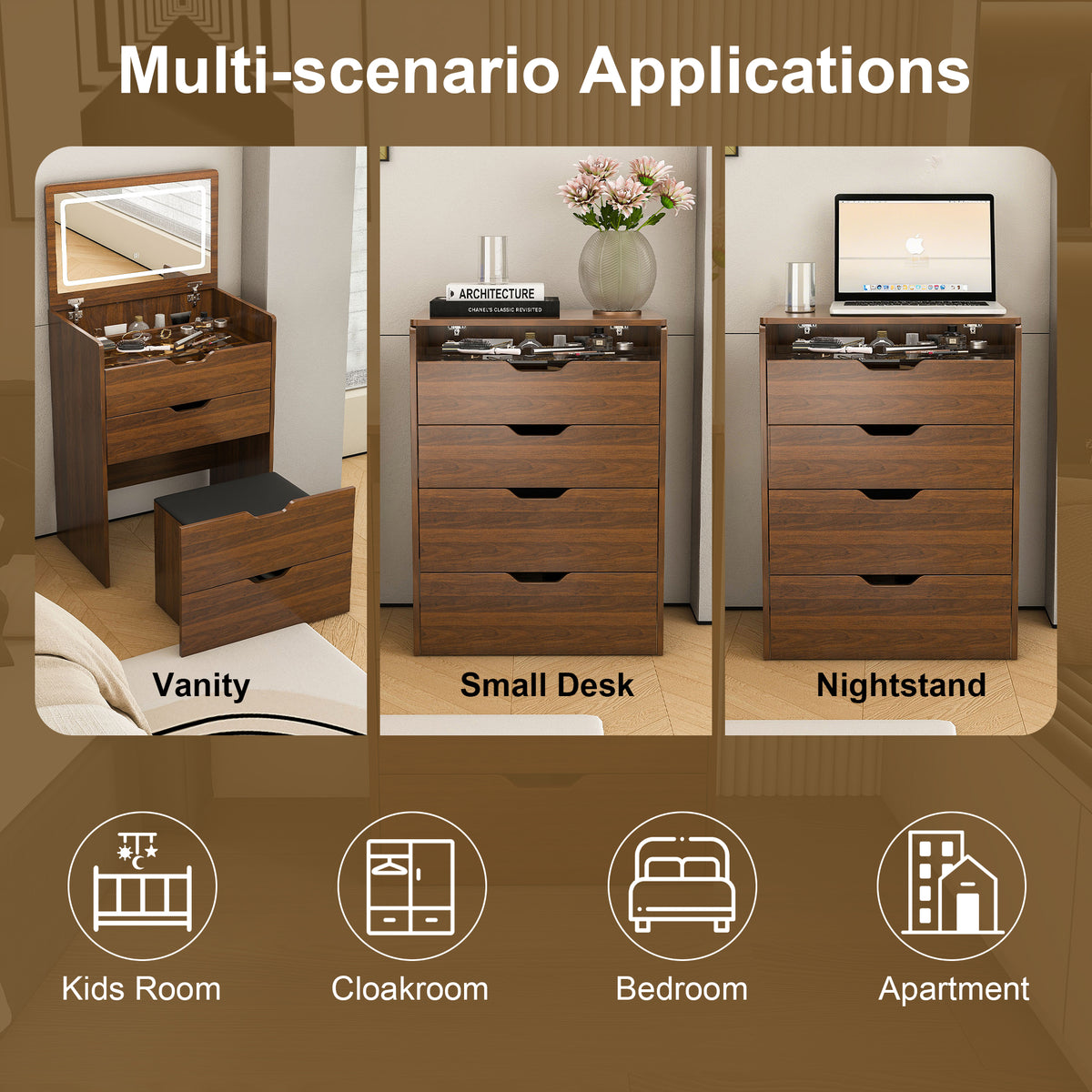 3-in-1 Lighted Mirror Vanity Desk with Storage Stool, Walnut – image 4