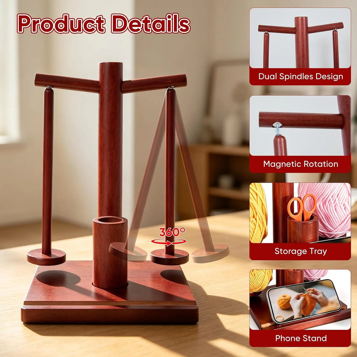 Wooden Yarn Holder with Dual Magnetic Spindles for Knitting & Crochet – image 3