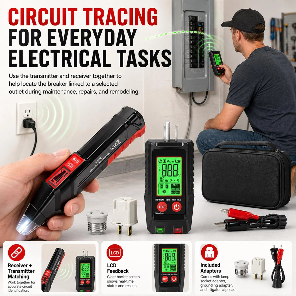 Electrical Circuit Breaker Finder & Outlet Tester Kit with LCD
