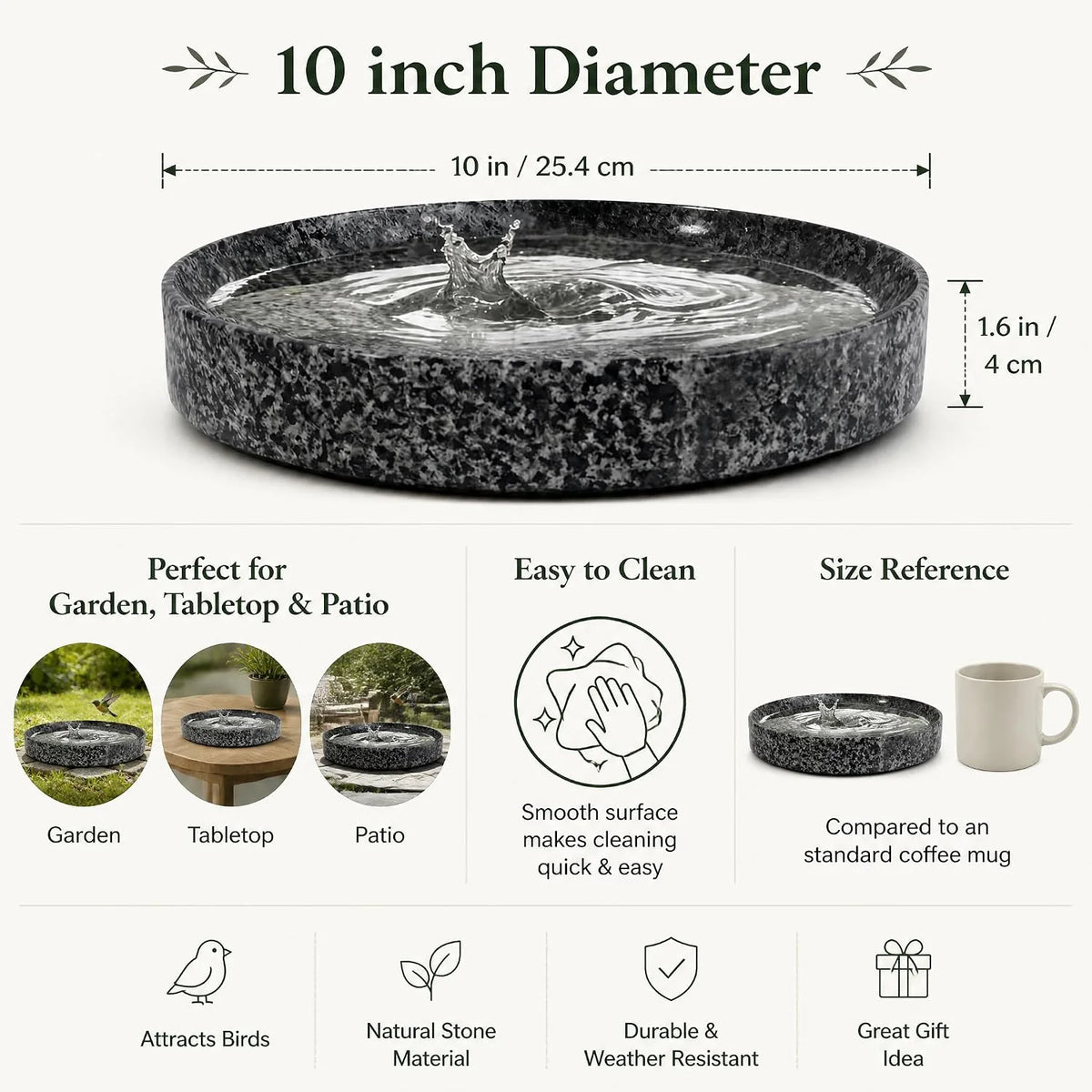 Stone Bird Bath Bowl 10 in - Heavy Natural Stone Birdbath – image 4