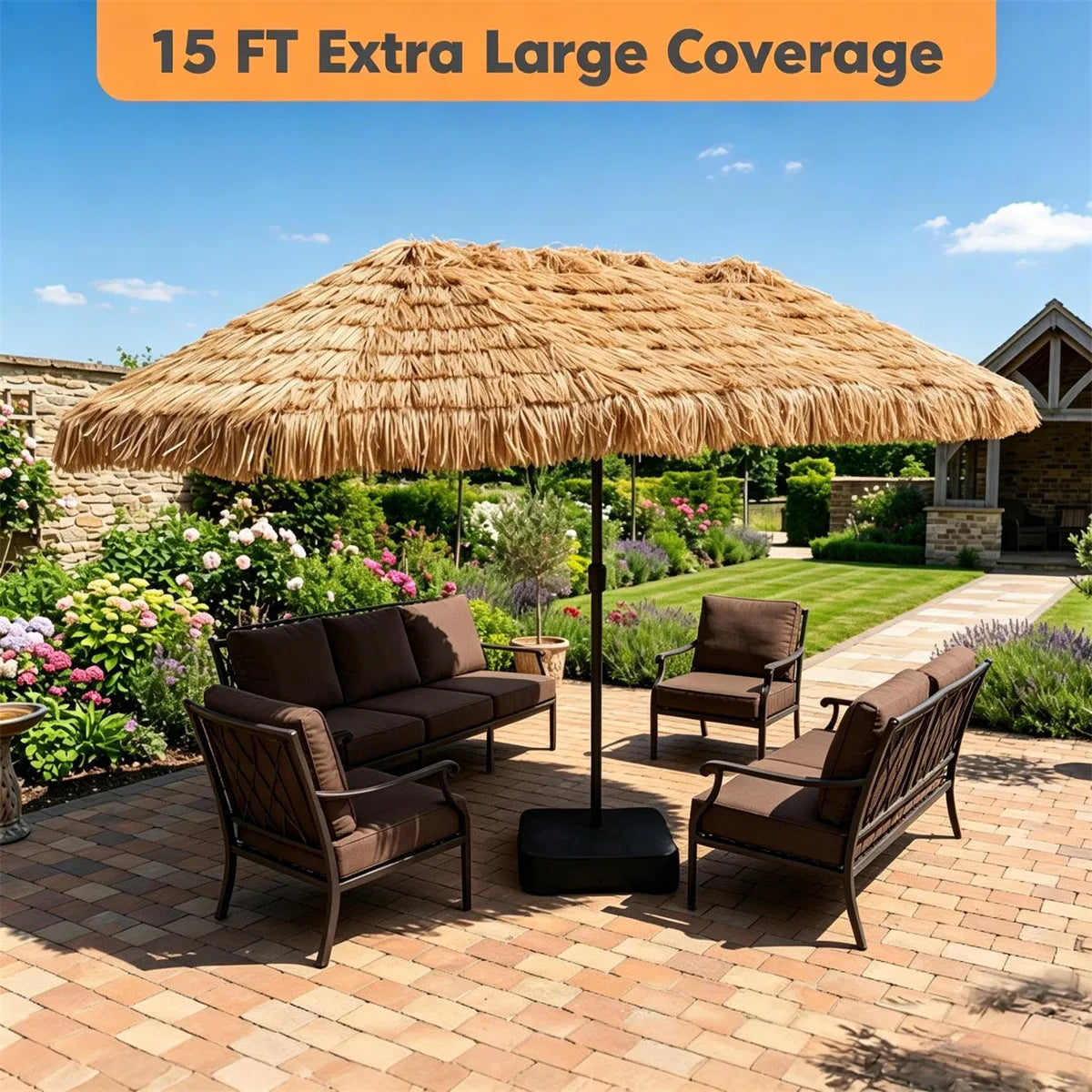 15x9 ft Double-Sided Tiki Patio Umbrella with Thatch and Weighted Base – image 9