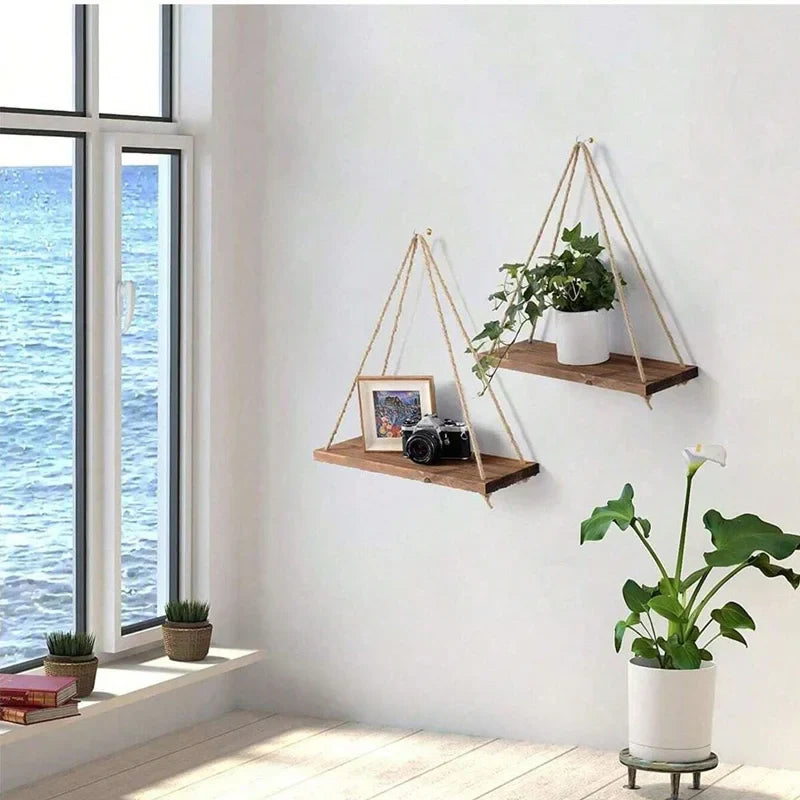 Rope Hanging Shelf Wooden Swing Wall Shelf for Plants – image 2