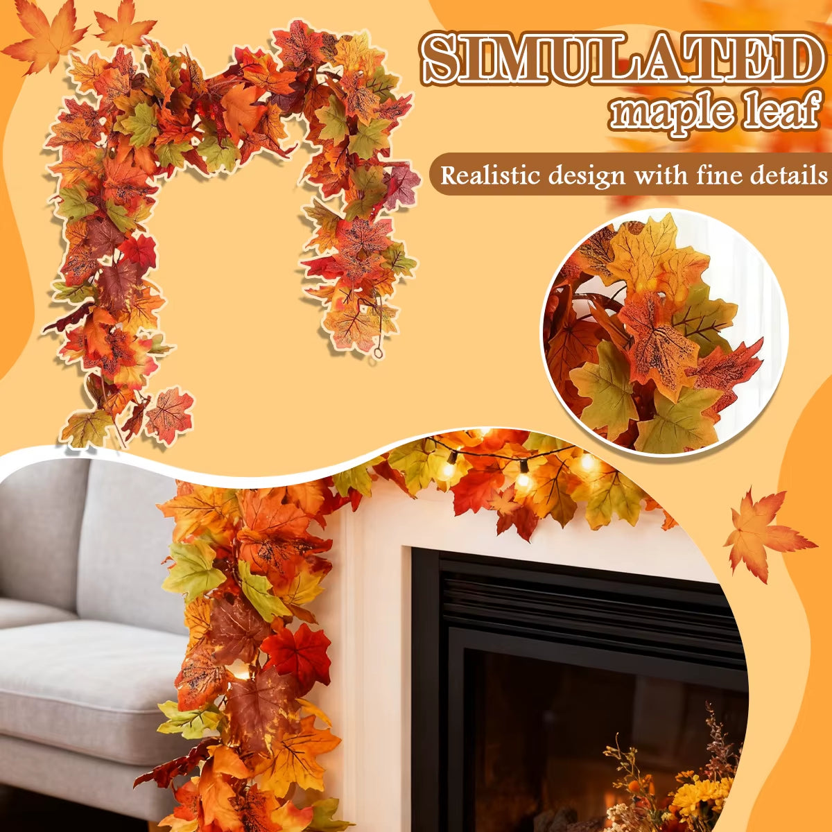 Fall Maple Leaf Garland 5.7ft - Artificial Autumn Vine, Thanksgiving – image 4