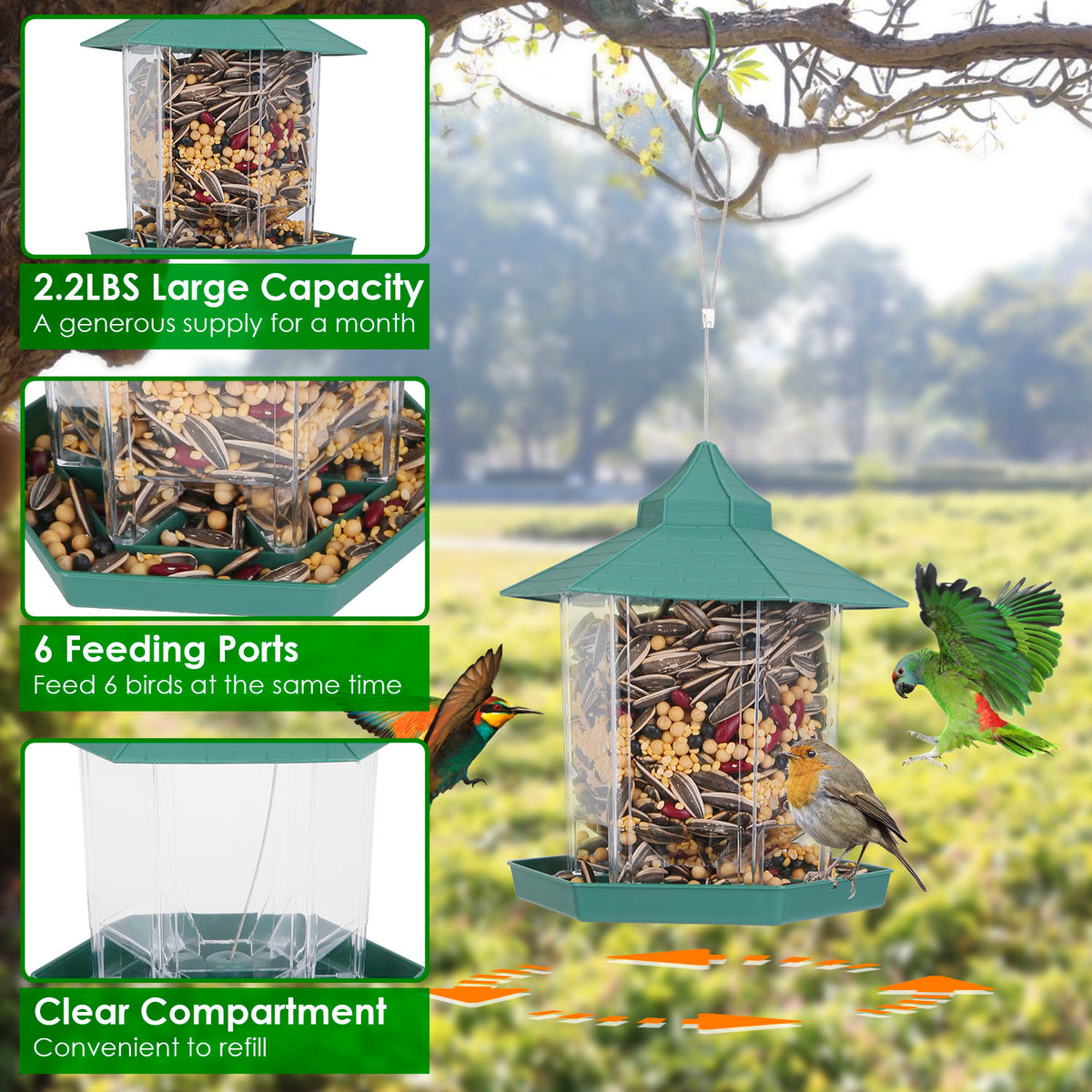 Gazebo Bird Feeder - Hanging 6-Port Wild Bird Seed Station – image 7