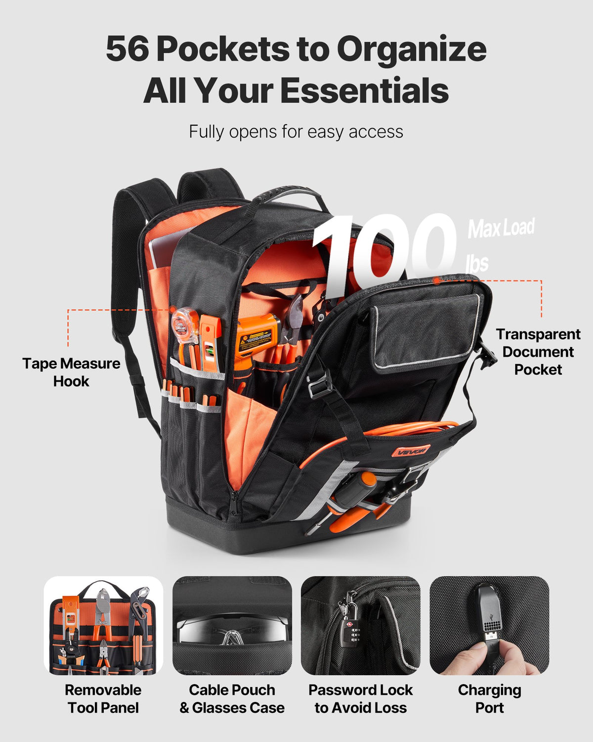 56-Pocket Tool Backpack with Molded Base, Water-Resistant 1680D – image 2