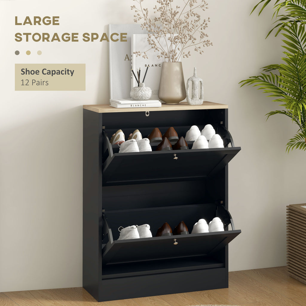 Slim Shoe Cabinet with 2 Flip Drawers for 8-12 Pairs, Black – image 4