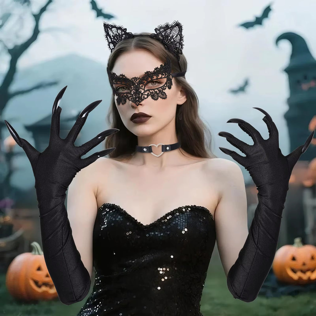 Black Cat Costume Accessories Set with Ears, Lace Mask, Claw Gloves – image 5