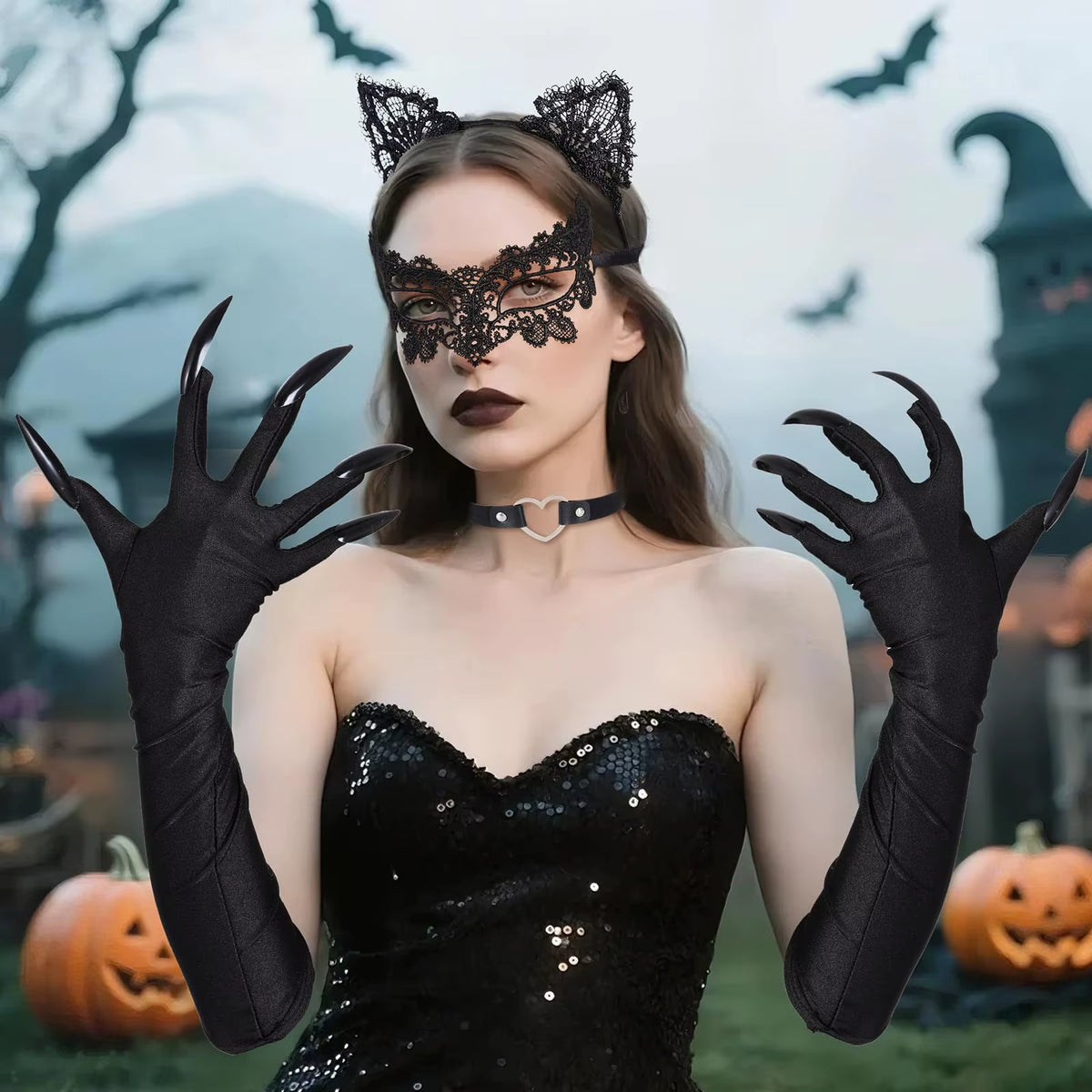 Black Cat Costume Accessories Set with Ears, Lace Mask, Claw Gloves – image 5
