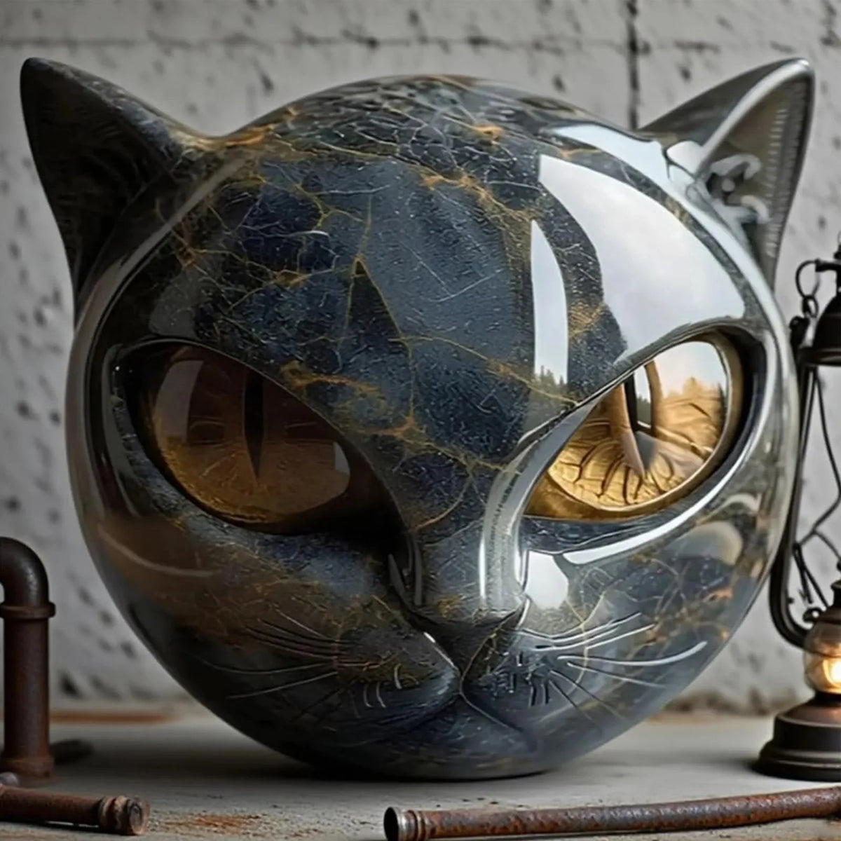 Black Cat Head Figurine - Marble-Texture Resin Desk Decor – image 5