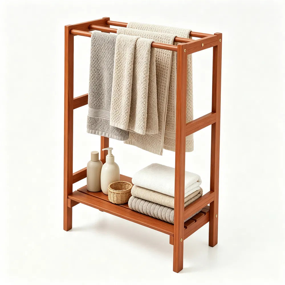 Blanket Stand Hardwood Freestanding with 3 Bars & Bottom Shelf