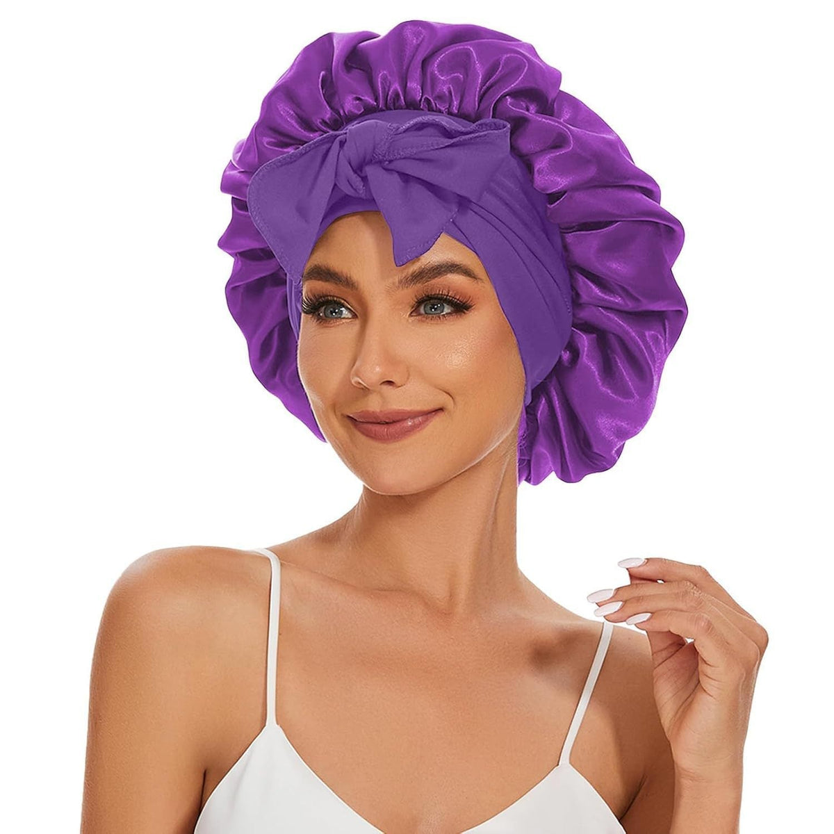 Satin Hair Bonnet with Bow Tie Wide Elastic Band Sleep Cap – image 9