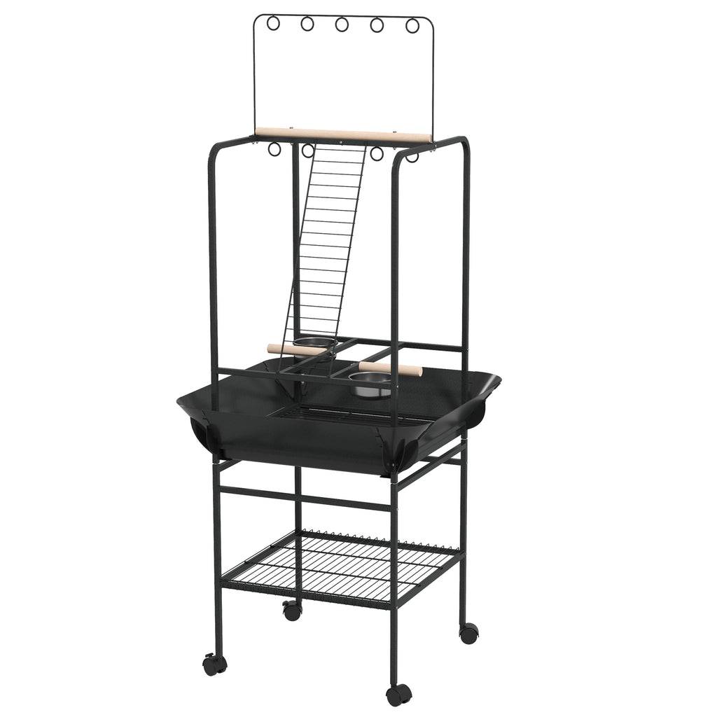 Rolling Bird Play Stand with Ladder, Stainless Bowls and Pull-Out Tray – image 1