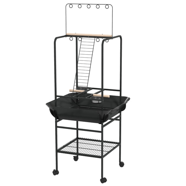 Rolling Bird Play Stand with Ladder, Stainless Bowls and Pull-Out Tray – image 1