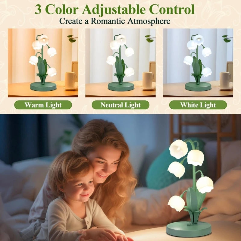 Vintage Lily Table Lamp - Floral Nightstand Lamp with LED Bulbs, US Plug