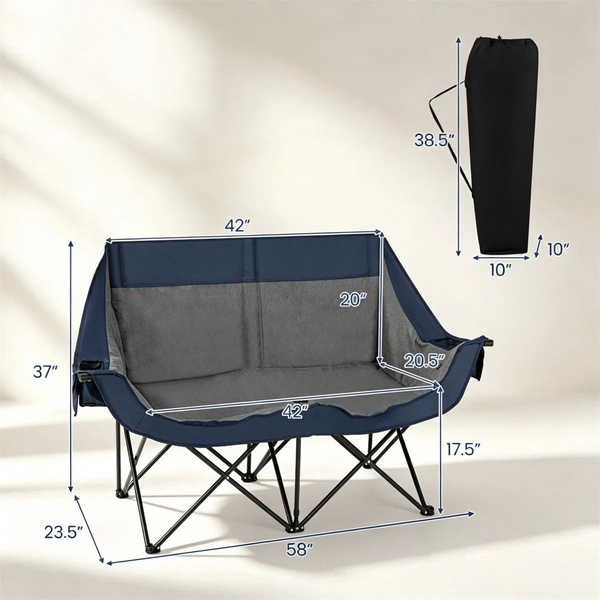 Heated Double Camping Chair, 2-Person Folding Loveseat with 3 Heat Levels, Navy – image 6
