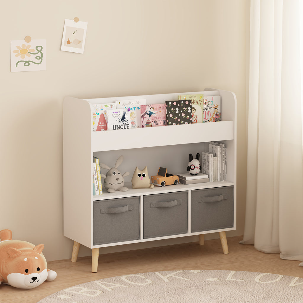 Nursery Bookcase with 3 Fabric Storage Bins, White and Gray – image 4