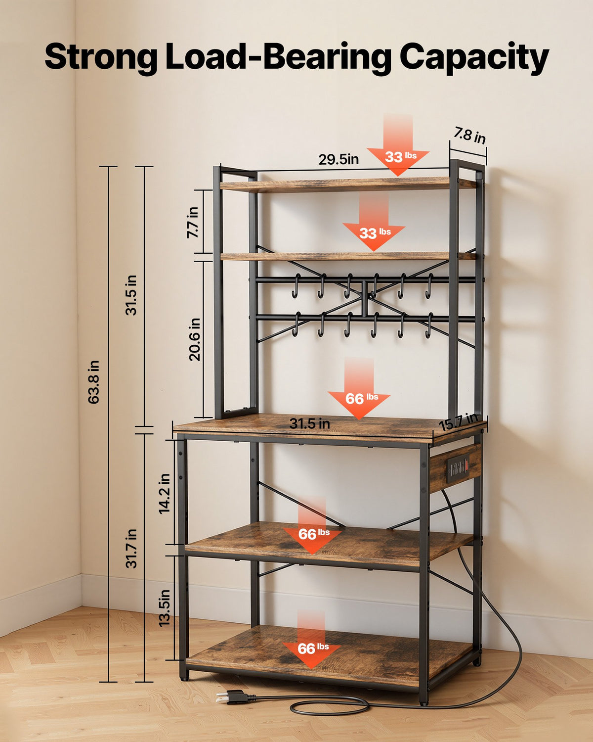 5 ft Kitchen Bakers Rack with Power Outlet and 12 Hooks – image 3