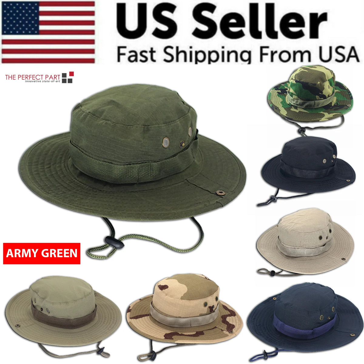 Work Sun Hat Camo Boonie - Wide Brim Outdoor Hat with Chin Strap