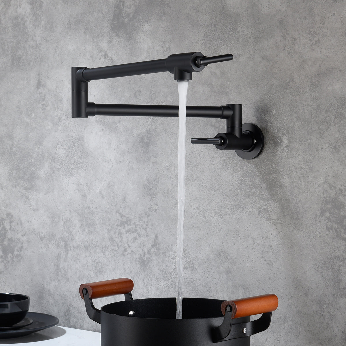 Wall-Mount Pot Filler Faucet, Folding Swivel Spout, Brass, Matte Black – image 2