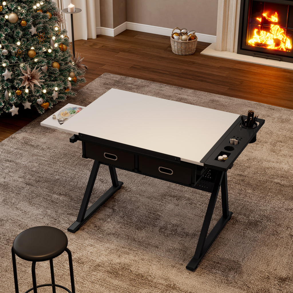 Tilting Drafting Table Desk with 2 Drawers and Stool, White – image 4
