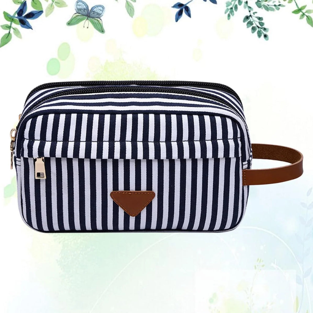 Canvas Makeup Bag – Blue Stripe Zippered Cosmetic Pouch – image 3