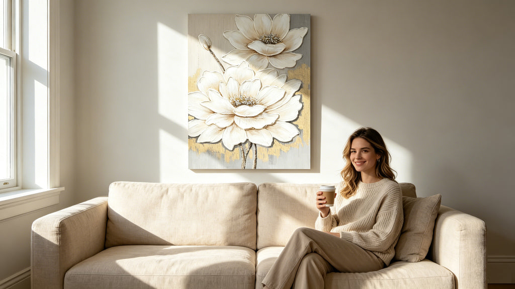Textured Lotus Flower Canvas Wall Art 24 x 36 In, White and Gold – image 8