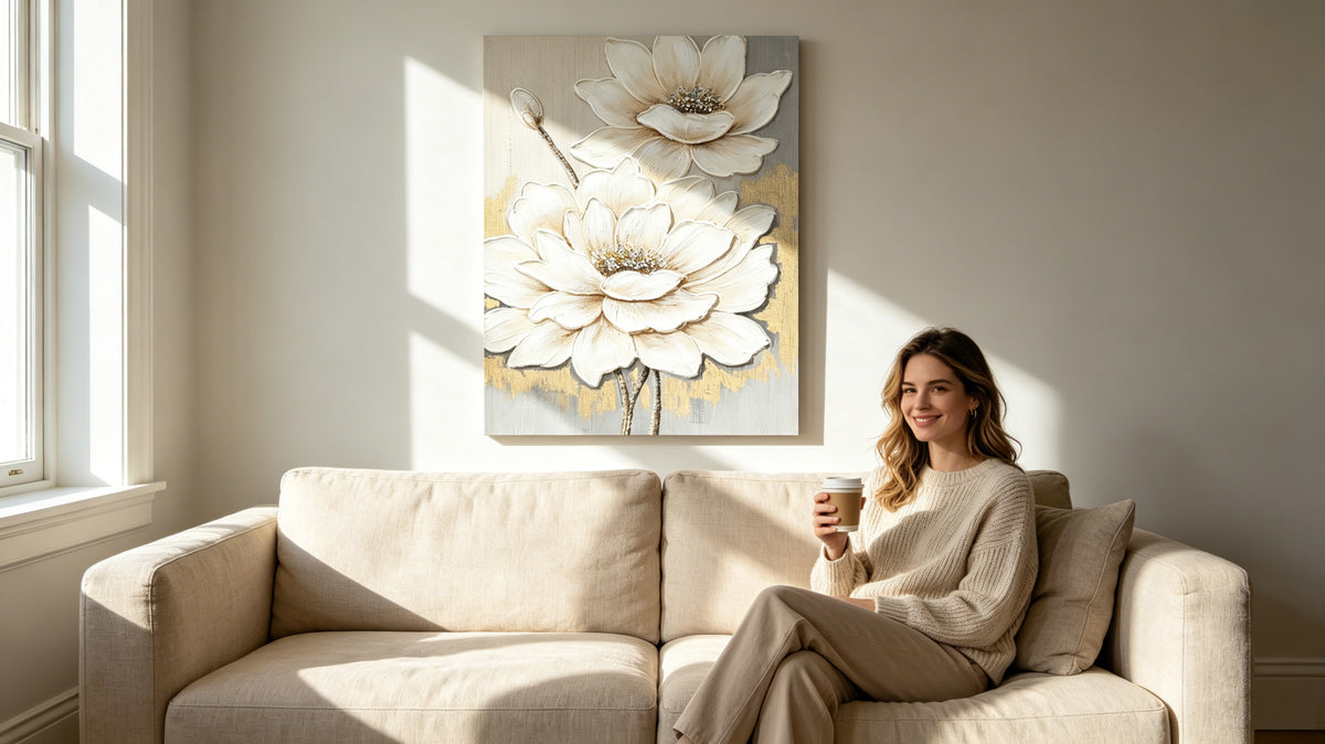 Textured Lotus Flower Canvas Wall Art 24 x 36 In, White and Gold – image 8