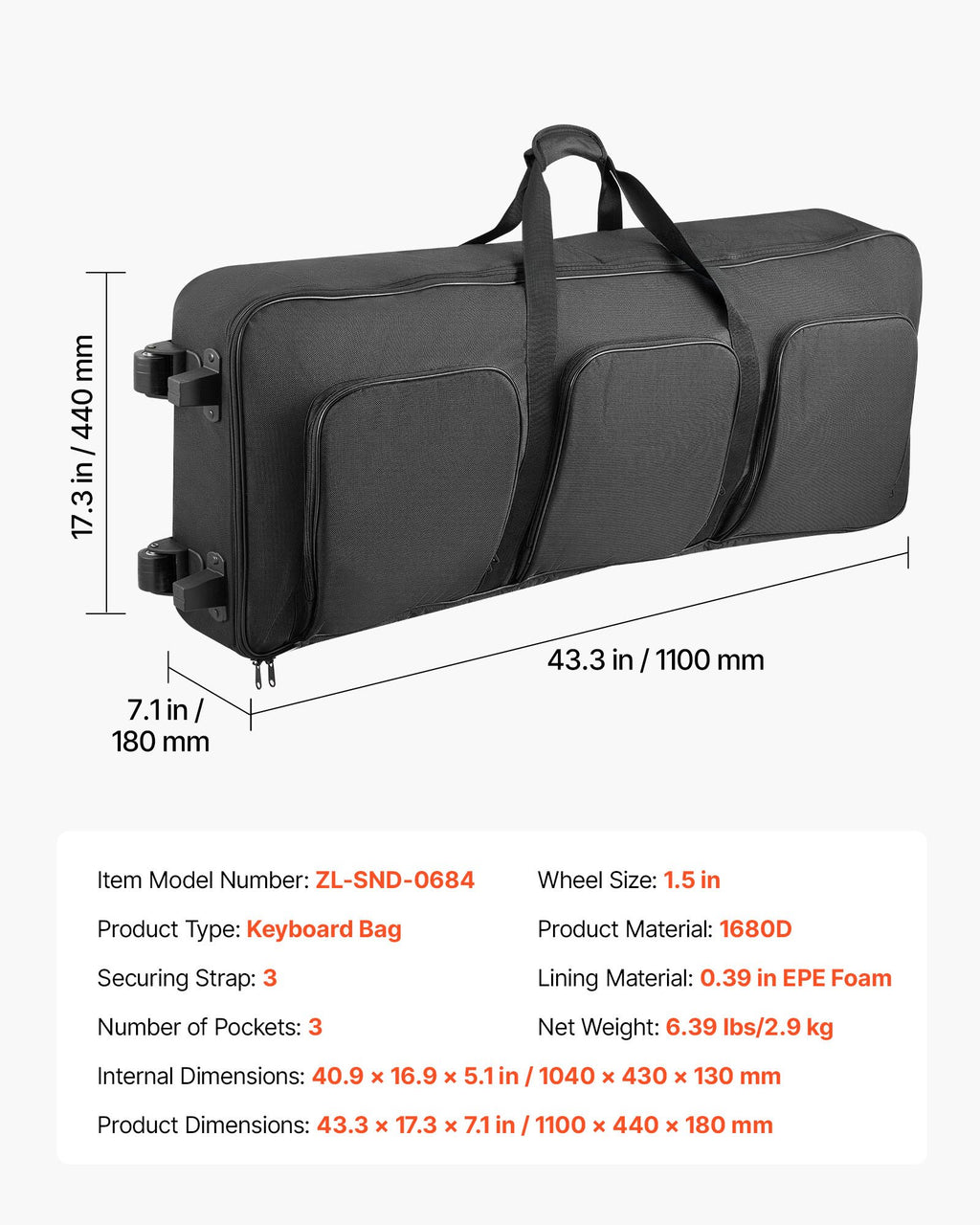Padded Rolling Keyboard Case with Wheels for 61 to 88 Key Pianos – image 1