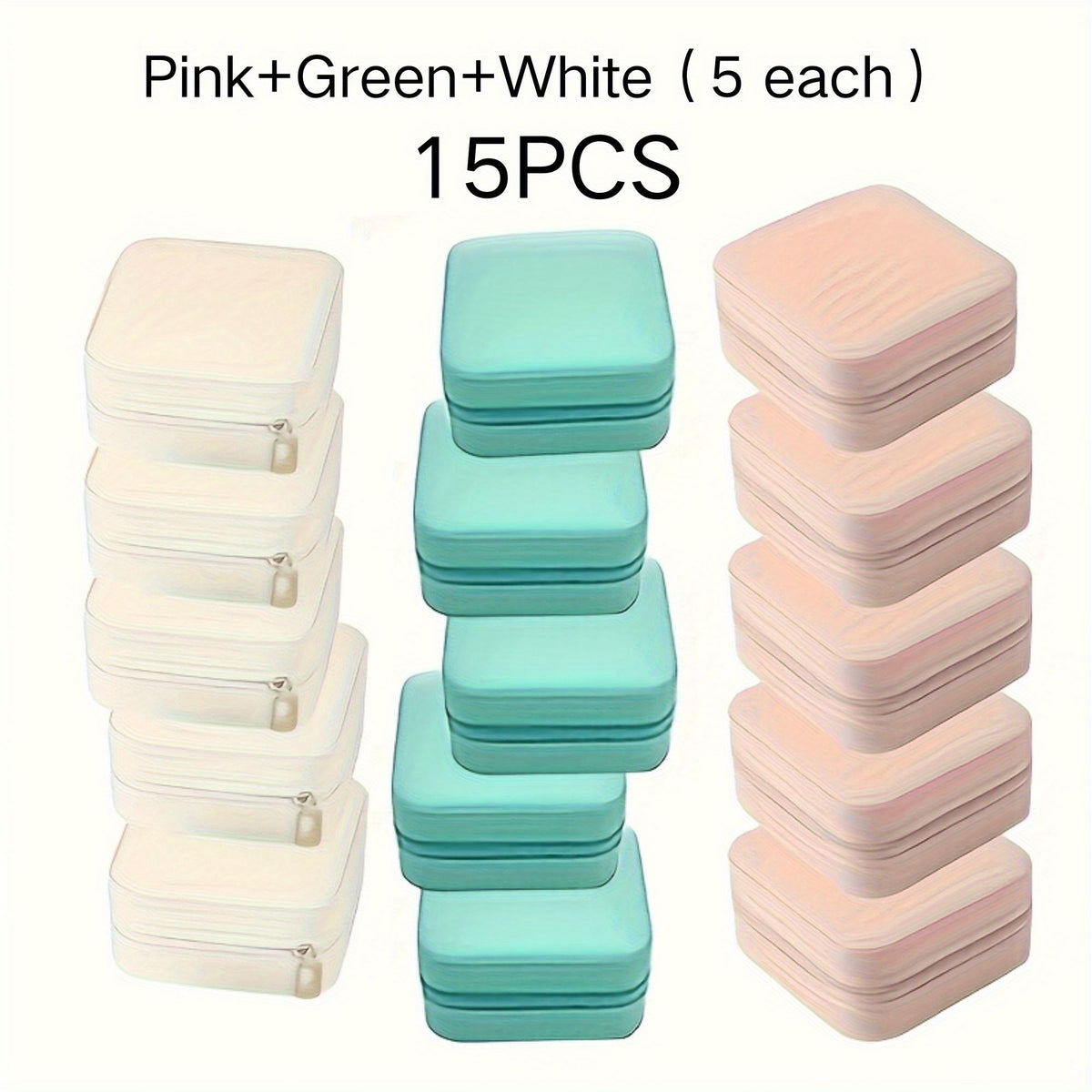 Mini Travel Jewelry Box Set of 15, PU Leather, Pink Green White