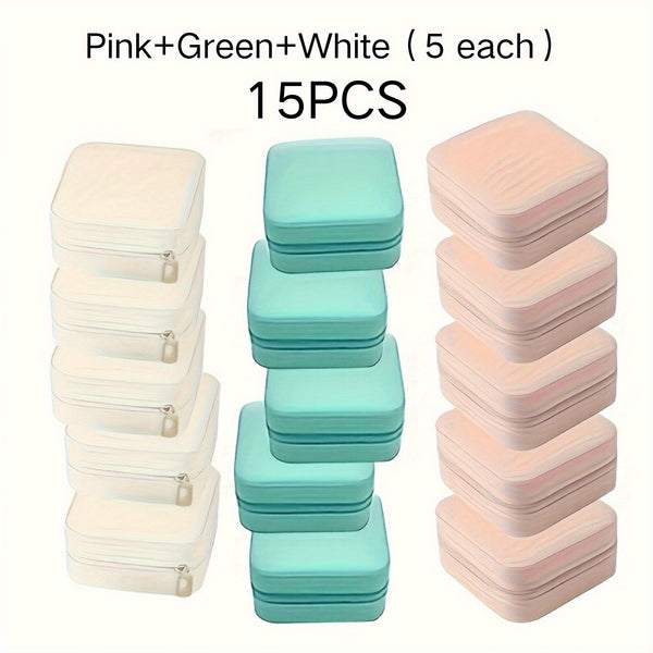Mini Travel Jewelry Box Set of 15, PU Leather, Pink Green White