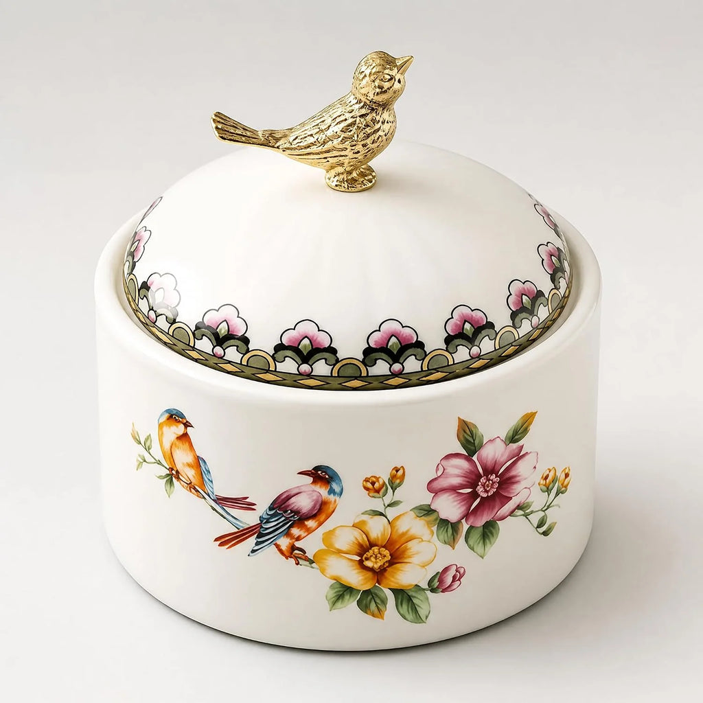 Sugar Bowl with Lid, Ceramic Floral Bird Canister, 0.5 L – image 3