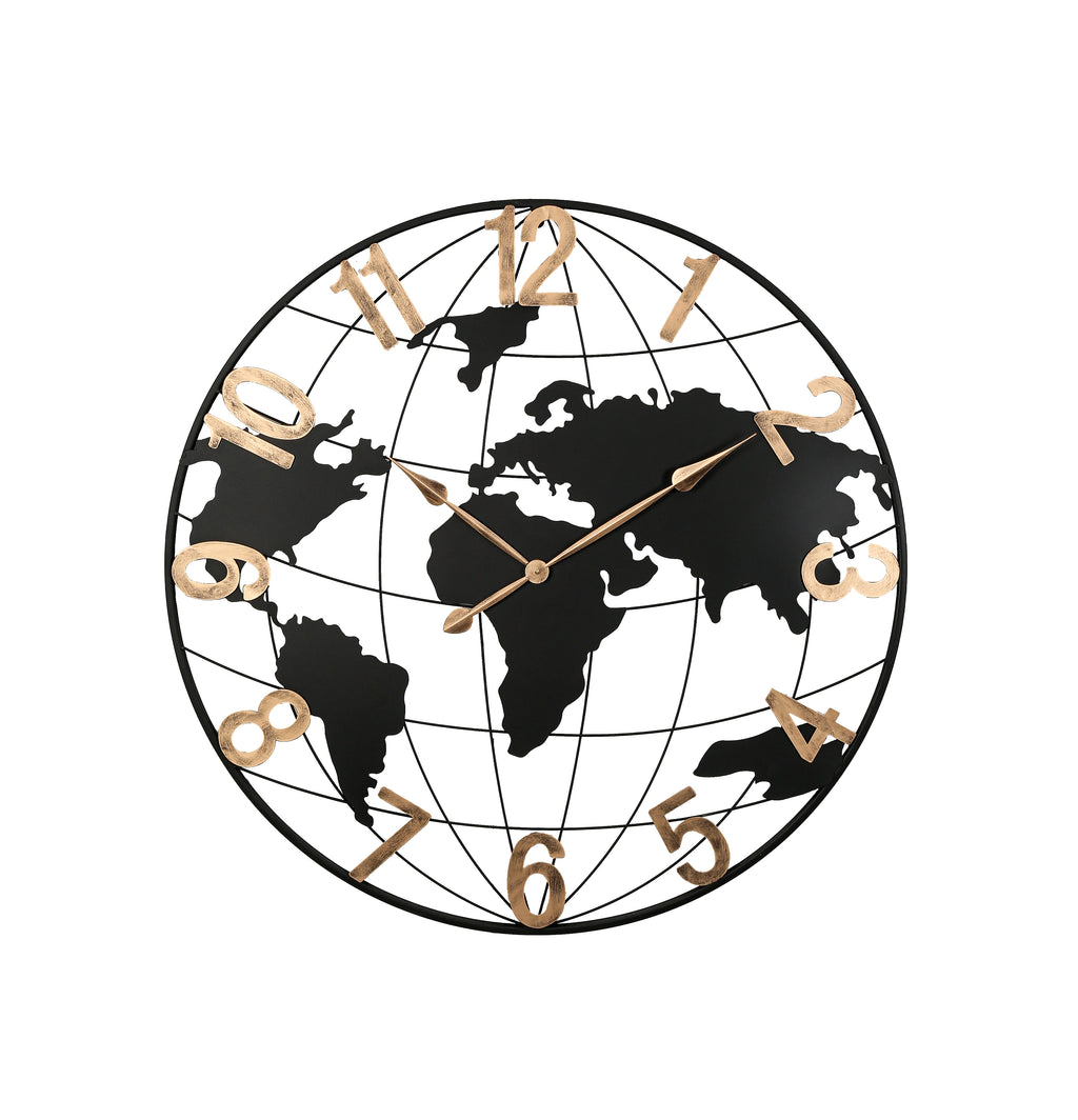 36 Inch World Map Metal Wall Clock, Black and Gold, Silent