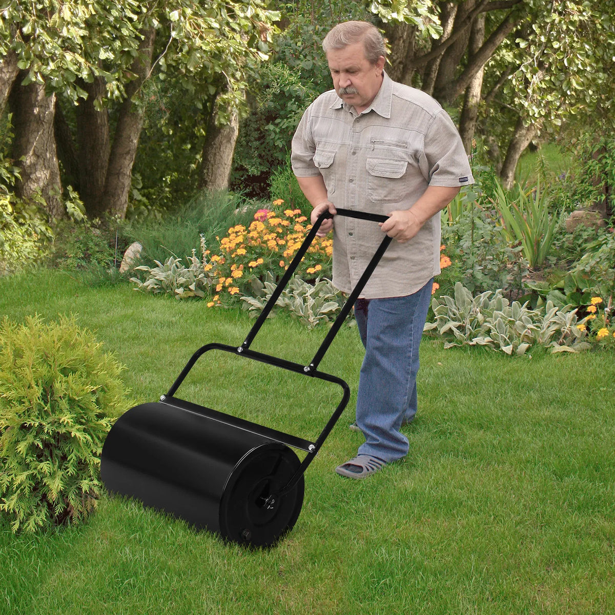 Lawn Roller 19.5 in Steel Drum, Push or Tow, 10 Gal Water Fill