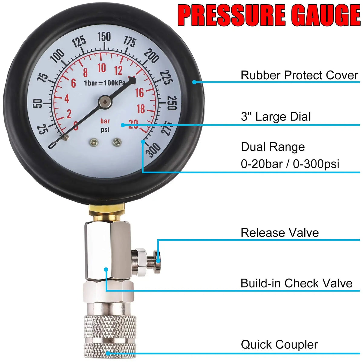 Engine Compression Tester Kit 0–300 PSI with 4 Adapters – image 4