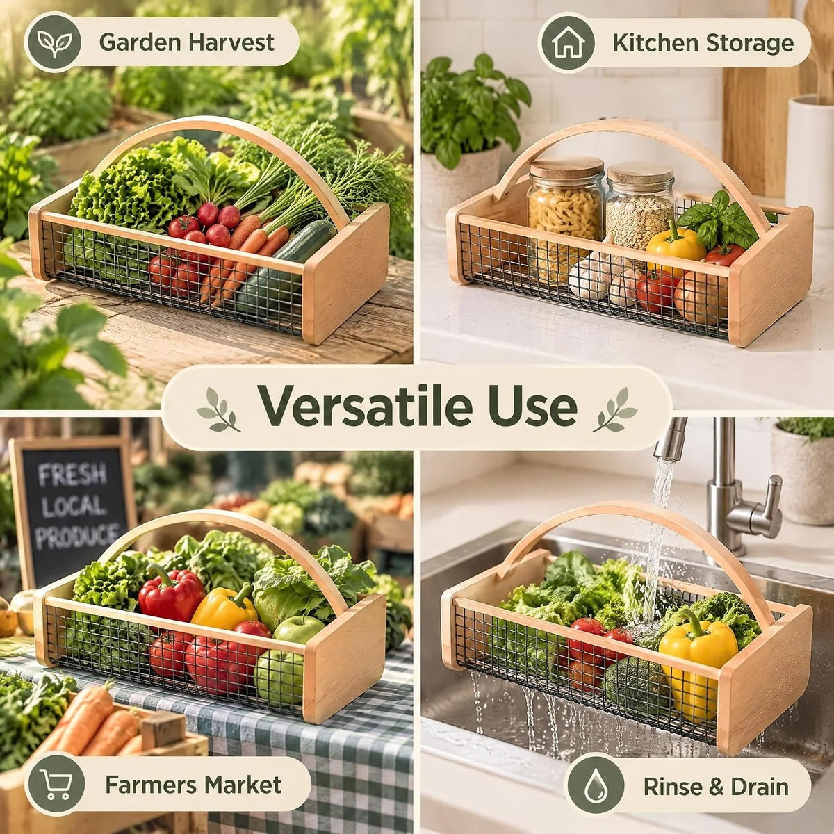 Garden Hod Harvest Basket - Wooden Vegetable Basket with Metal Mesh – image 2
