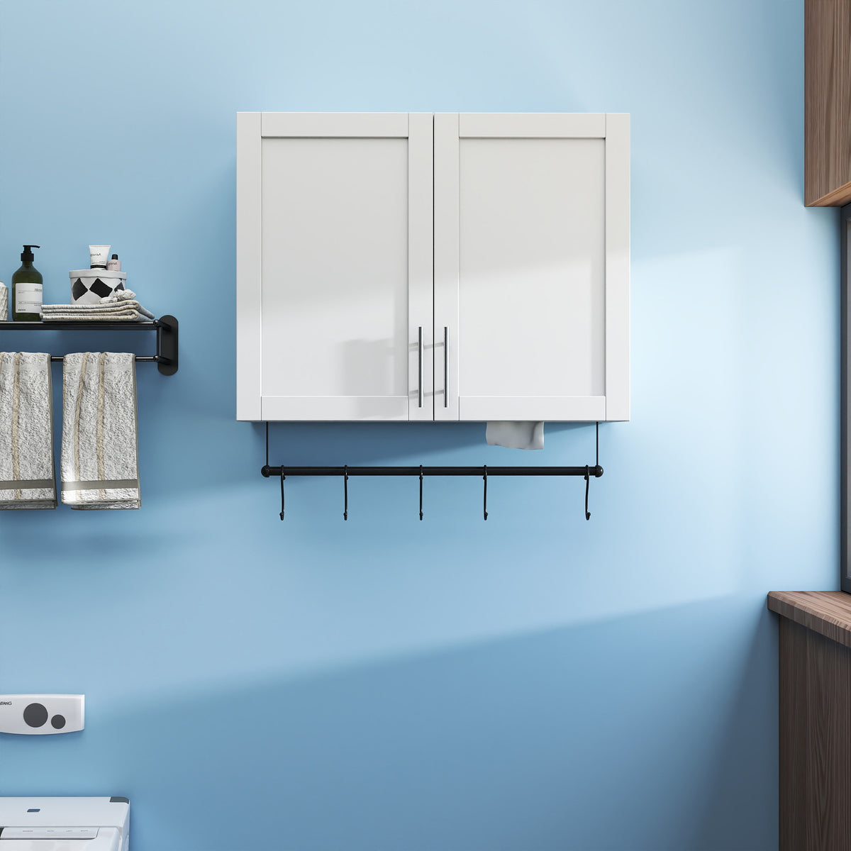 Bathroom Wall Cabinet with Towel Bar, Adjustable Shelf and 5 Hooks – image 2