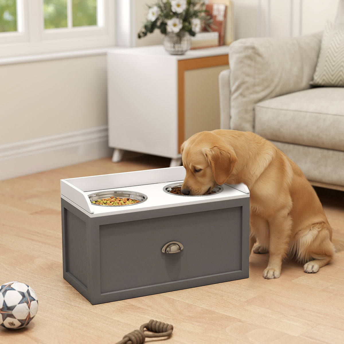 Raised Dog Feeding Station with 21L Food Storage Gray