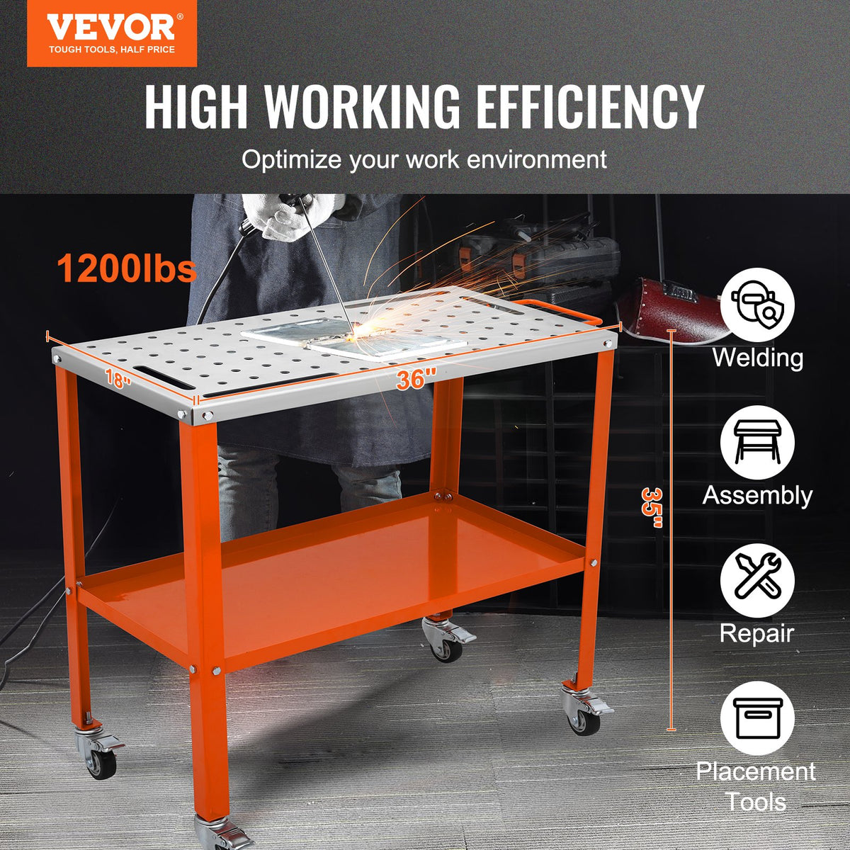 Welding Table on Wheels – 1200 lb Steel Workbench with Locking Casters – image 2