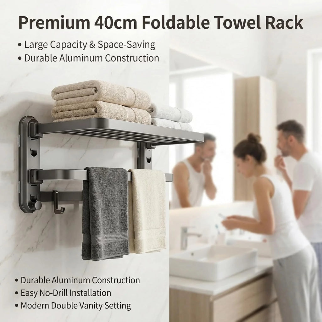 Towel Rack Suction Wall Shelf, Foldable Double Bar with Hooks – image 4