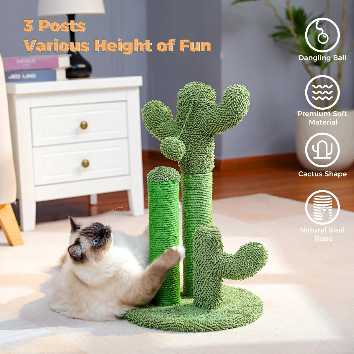Cactus Cat Scratching Post – 3 Poles with Dangling Ball