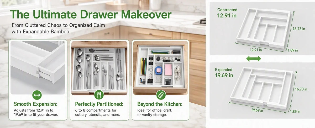 Bamboo Drawer Organizer, Expandable 6-8 Compartment Utensil Tray – image 9