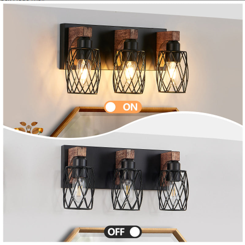 Industrial 3-Light Cage Wall Sconce with Wood Accents 18 Inch