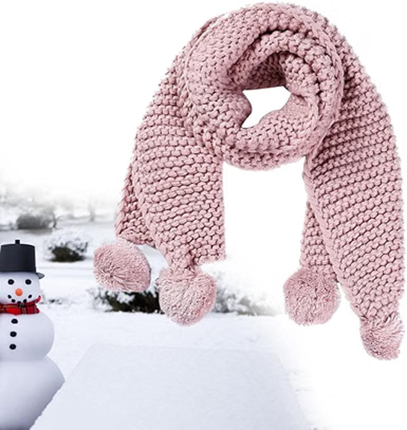 Knitted Pom Pom Scarf, Thick Fuzzy Winter Neck Scarf in Pink – image 2