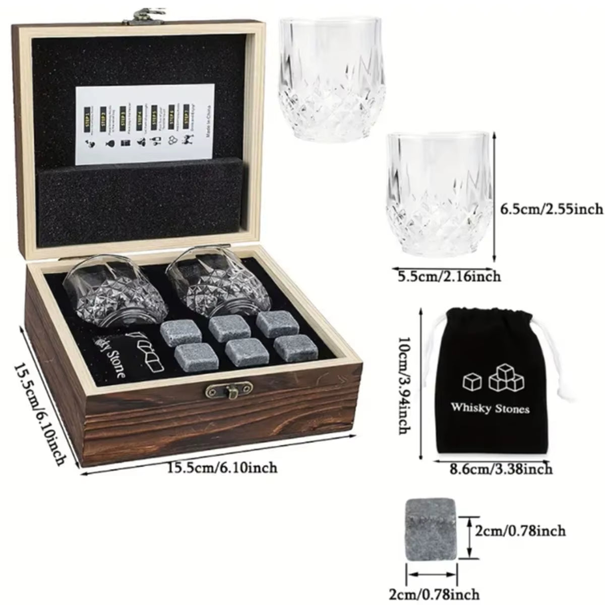 Whiskey Stones and Glasses Gift Set in Wooden Box, 8 Granite Stones