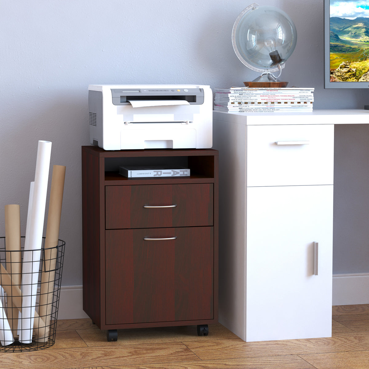 Mobile Printer Stand Cabinet with 2 Drawers, Shelf and Locking Casters – image 2